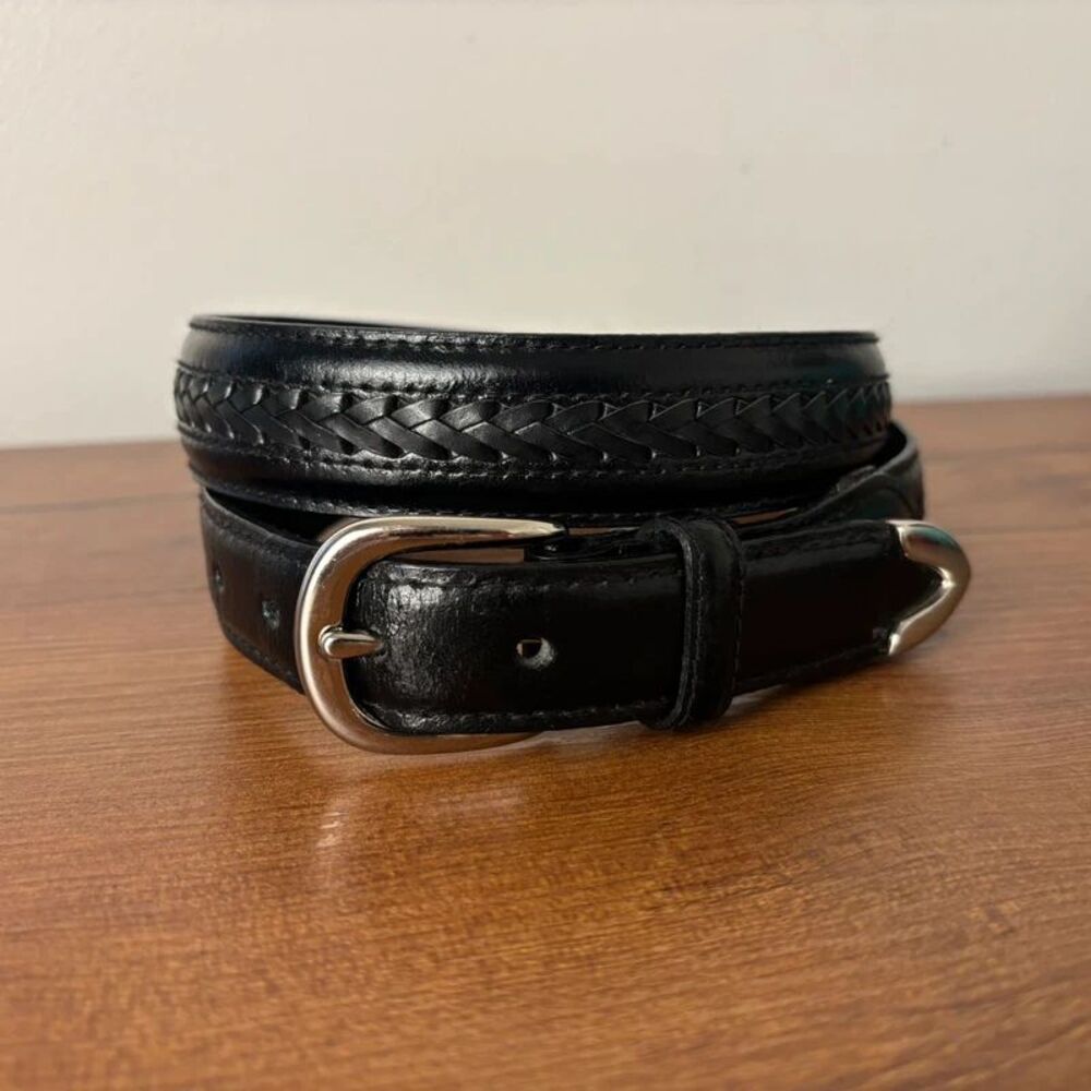 Vintage Black Genuine Leather Braided Belt Silver Tip Buckle Sz 34 / 85 Western